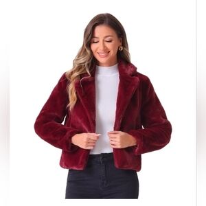 Allegra K Cropped Notch Lapel Faux Fur Fluffy Jacket